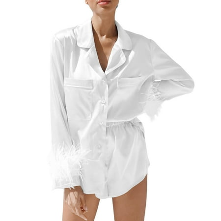 

Women Pajamas Sets Long Sleeve Casual Feather Cuffs Blouse Short Pants Loose Nightwear Chic Fashion 2022 Ladies Loose Sleepwear Home Wear Clothes Plus Size