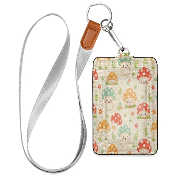 PU Leather Badge Holder Lightweight ID Card Holder with Window Pocket Cute Mushroom Pattern
