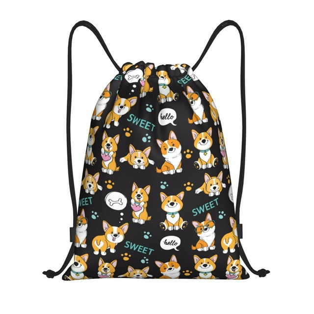 Fotbe Cute Dogs Corgi Bolsa Mochila con Cordón Estampada, Bolsa de Gimnasio Deportiva, Bolsa Cinch, Bolsa con Cordón para Hombres y Mujeres-Medium