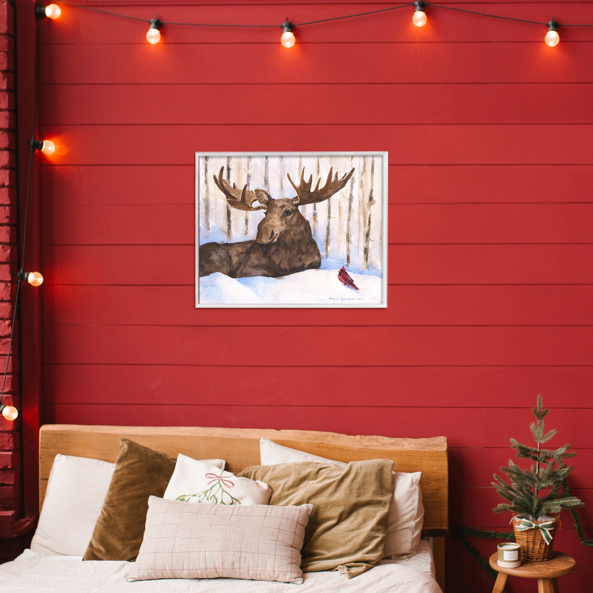 Stupell Industries Moose & Red Cardinal White Framed Giclee Art, design by George Dyachenko
