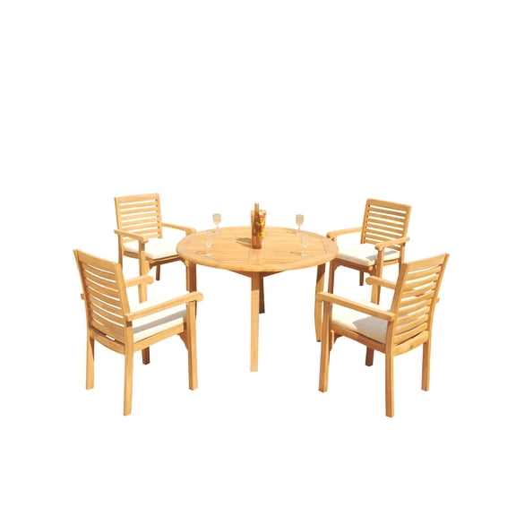 Grade-A Teak Dining Set: 4 Seater 5 Pc: 48" Round Table And 4 Hari Stacking Arm Chairs Outdoor Patio WholesaleTeak #51HR1005