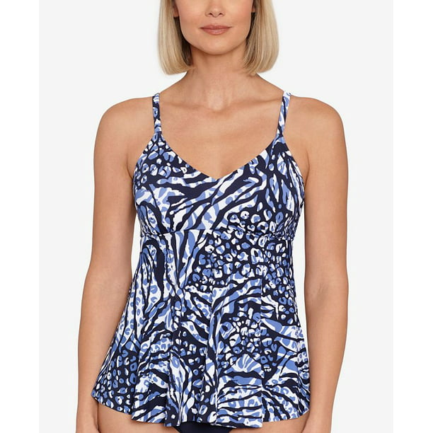 Swim Solutions Women's Printed Underwire Tankini Top Swimsuit Blue Size ...