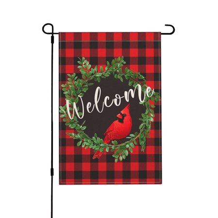 JOOCAR Cardinal Christmas Garden Flag Christmas Decorations Wreath Welcome Garden Flag Buffalo Check Plaid Winter Yard Flag