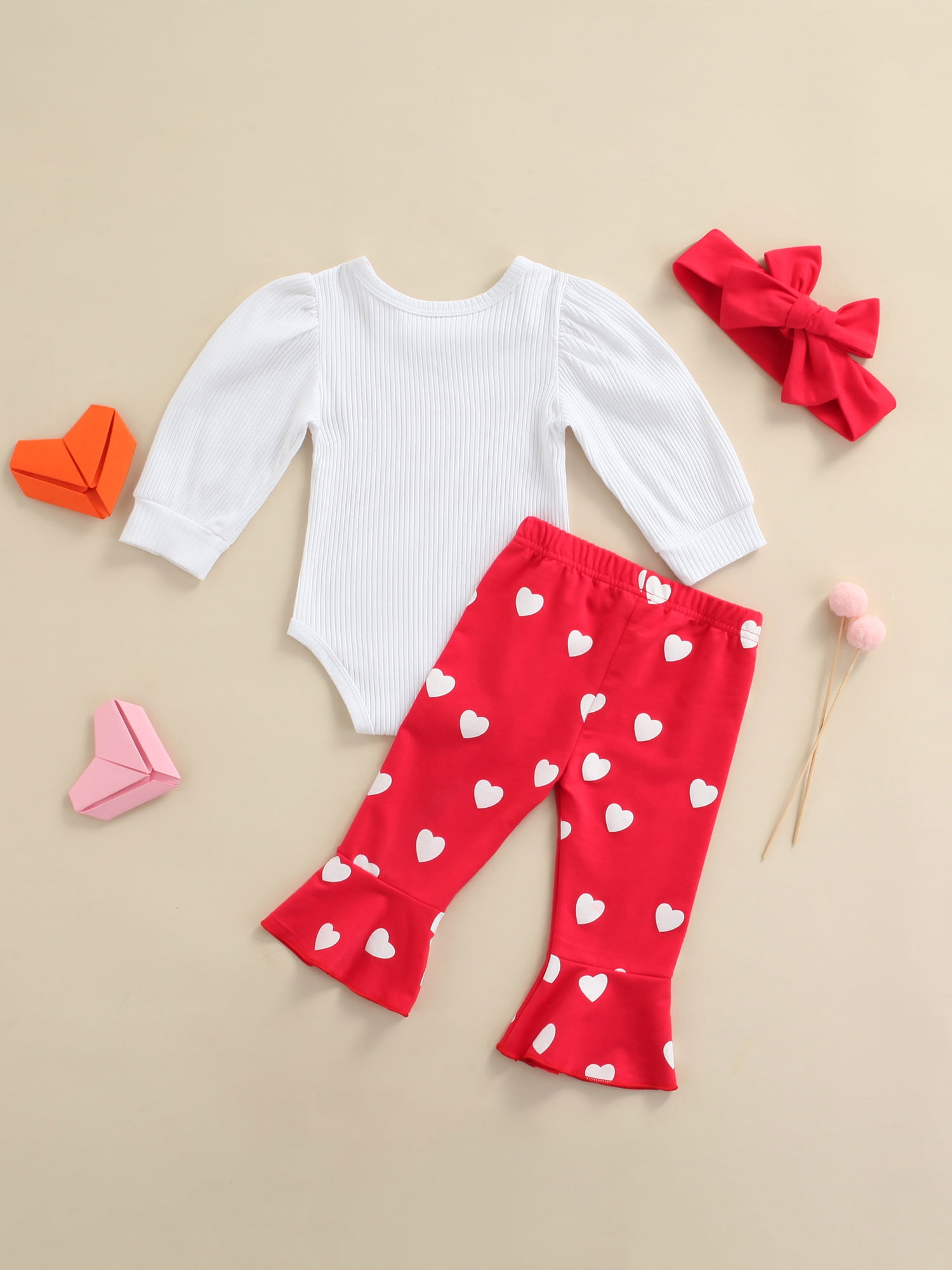Toddler Baby Girls Outfits 2 Piece Kids Clothes Set Sequin Heart Flared Sleeve Top Printing Pant Valentine's Day Outfits