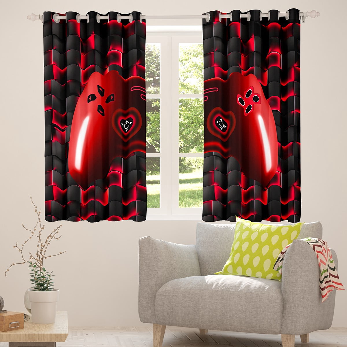 42"Wx63"L Gaming Window Curtains Room Red Game Console 3D Gamer 30%-50% Blackout Curtains Teen Geometric Gamepad Curtains & Drapes Bedroom Dorm Decor,Black
