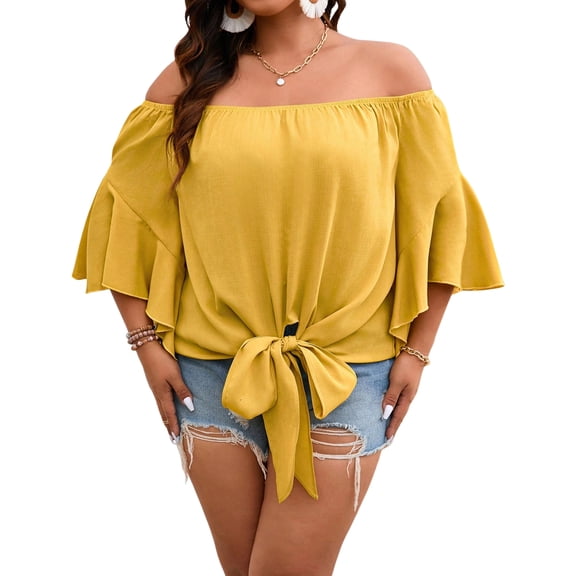 OYOANGLE Women's Plus Size Off the Shoulder Ruffle Bell Sleeve Front Tie Knot Blouse Top Yellow 1XL