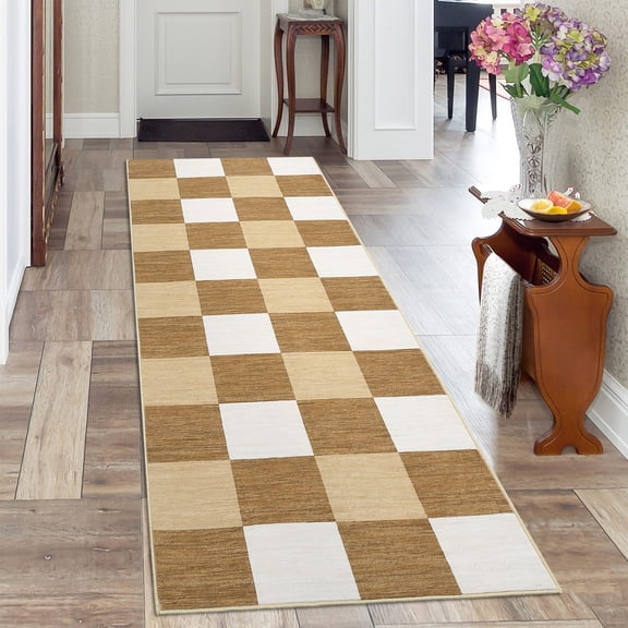 Garvee 2'x6' Runner Rug Modern Geometric Rug Checkered Print Runners Non-Slip Bedroom Rugs for Laundry Room Kitchen, Tan