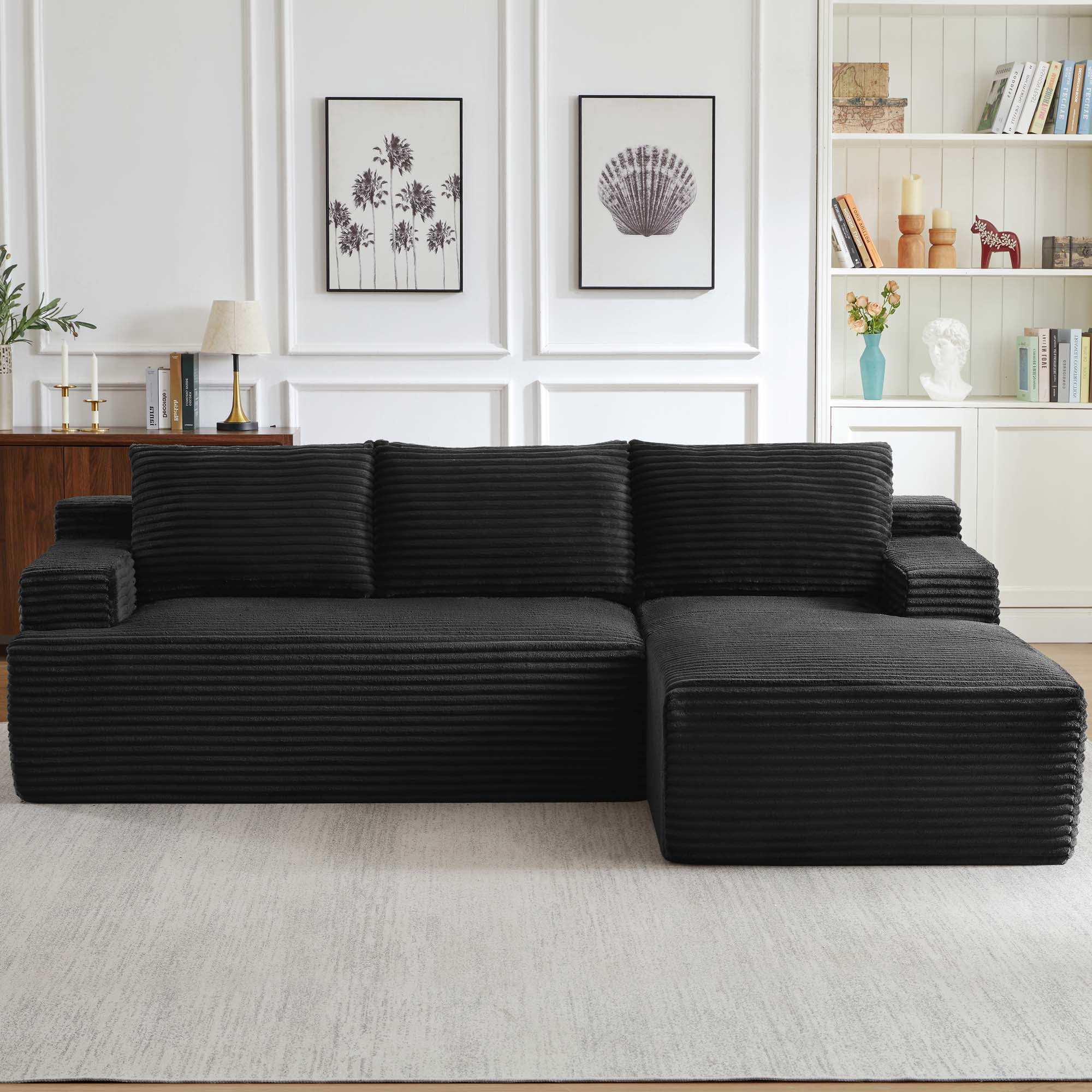 Miniyam 96" Sectional Sofa with with L-Shape Chaise, Modular Couches for Living Room, Bedroom, Black (Right Facing Chaise)