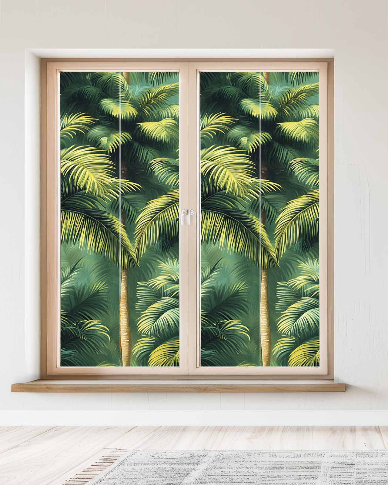 Window Privacy Film Summer Palm Tree Stained Glass Window Film Decorative Sun Block Window Cover Nature Green Tropical Plant Leaves Window Clings Static Adhesive Sticker for Bathroom 23.6"x59"