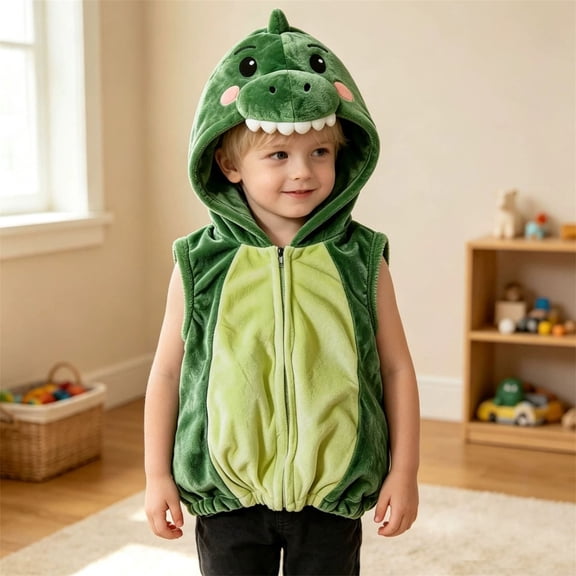FYDUU Toddler Dinosaur Hooded Vest Halloween Costume Sleeveless Plush Zip‑Up Vest Outerwear Animal Outfit Holiday Party Dress‑Up Wear Party Daily War
