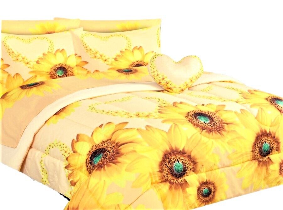 Bedding set twin 6pc sunflower ivory complete bed in bag comforter with