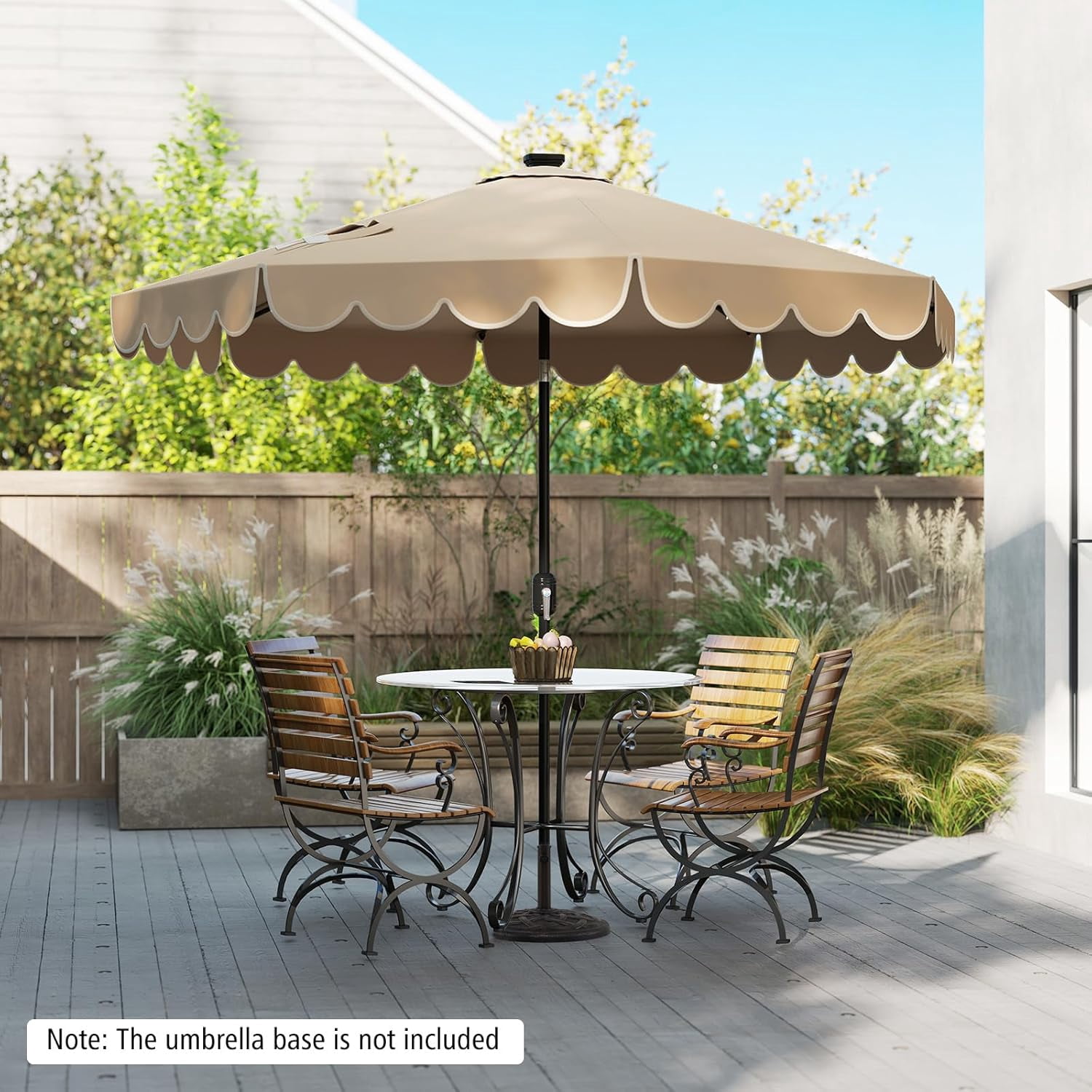 ZYPPP  9 FT Solar Patio Umbrella, 2-Tiers Scalloped Outdoor Table Market Umbrella with 32 LED Lights, Vented Top, Tilt Adjustment, Crank, 8 Ribs for Backyard Poolside Deck Beach Lawn (Coffee)