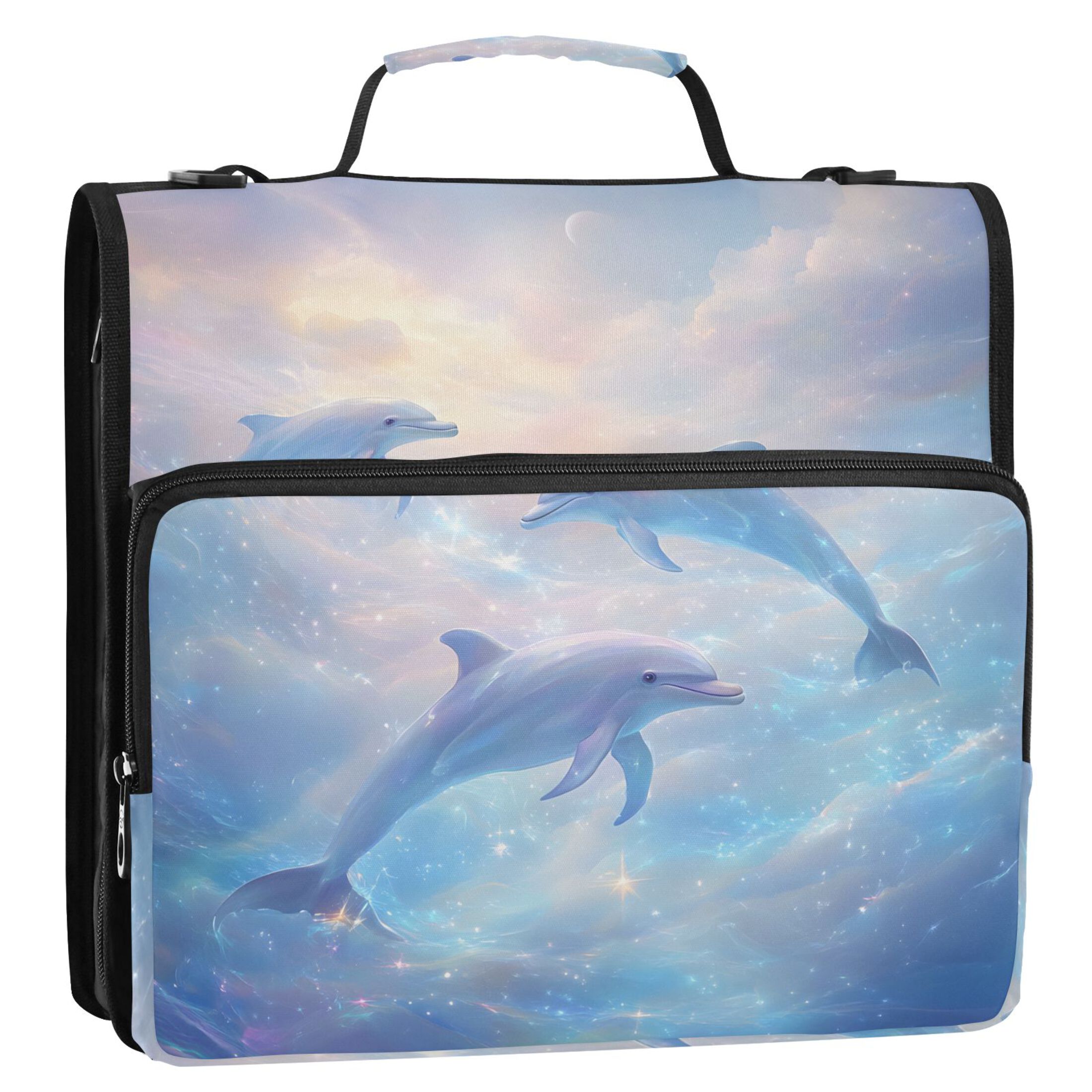 3 Ring Zipper Binder with Shoulder Strap Waterproof Trapper Keeper 2 Inch D-Ring 500 Sheets Capacity Dolphin in Glowy Sea