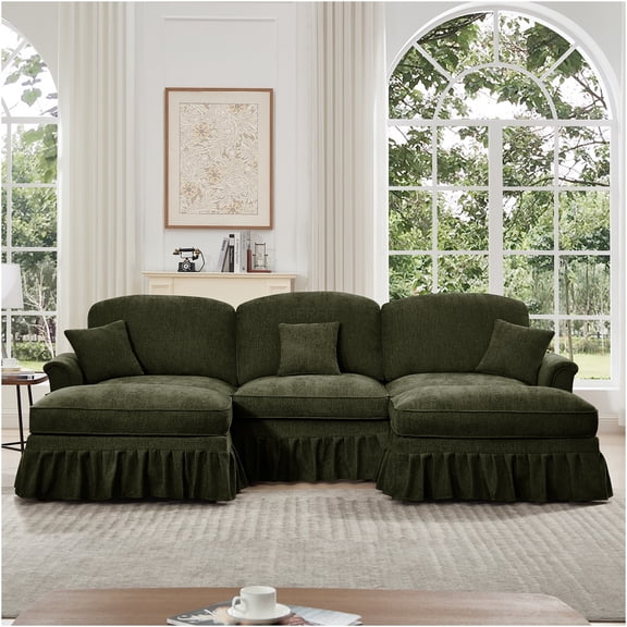 JERFIT Modular U-Shape Sectional Sofa with Ottoman, Chenille Fabric, Convertible Skirt Design for Multiple Styles, Deep Seat Cloud Couch, Green