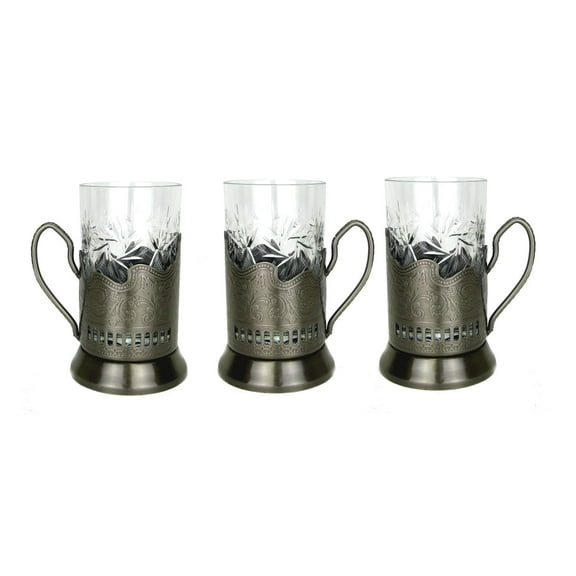 Combination of 3 CUT Crystal Drinking Tea Glasses W/metal Glass Holders"Podstakannik" for Hot or Cold Liquids