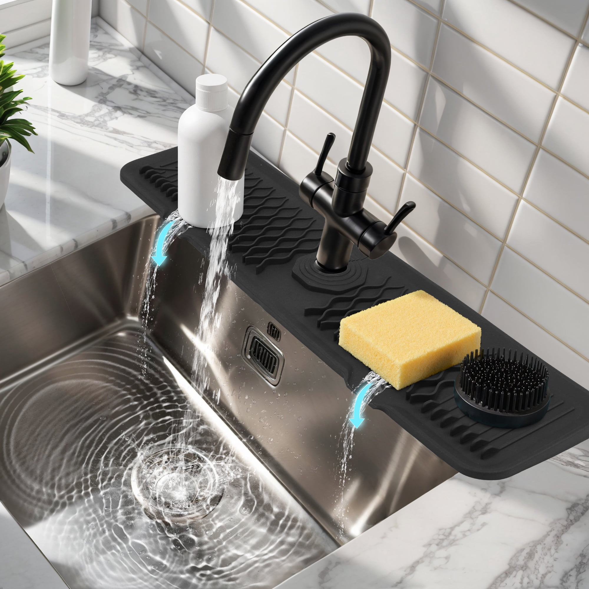 Longer Faucet Mat for Kitchen Sink Splash Guard, Kitchen Sink Mat,  Kitchen Sink Splash Guard, Kitchen Sink Area Behind Faucet Mat Black 24.0*5.7 inch