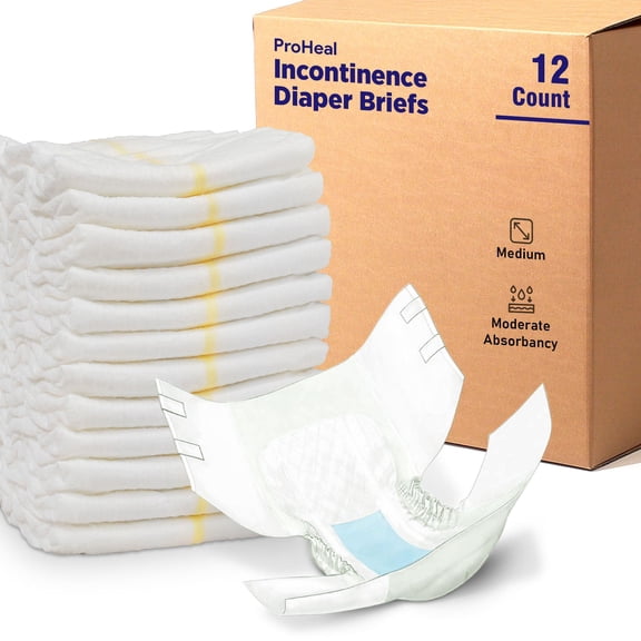 Proheal Adult Incontinence Briefs (12 Count, Medium) Moderate Absorbency Disposable Adult Diapers with Moisture and Odor Lock