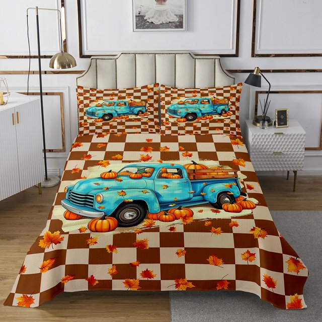 Erosebridal Autumn Harvest Pumpkins Coverlet Set Queen,Rustic Farm Truck Bedding Set,Geometric Patchwork Grid Bedspread Sets Queen Size,Lightweight Room Decoration,3pcs