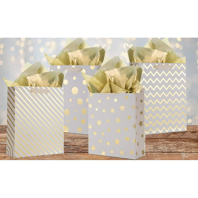 UNIQOOO 12Pcs Metallic Gold Christmas Gift Bags Bulk with 12 Sheets Gold  Tissue Paper, Large 12.5 Inch, Assorted Modern Geometric Paper Gift Wrap  Bag, For Holiday Birthday Wedding Mother's day Gift 