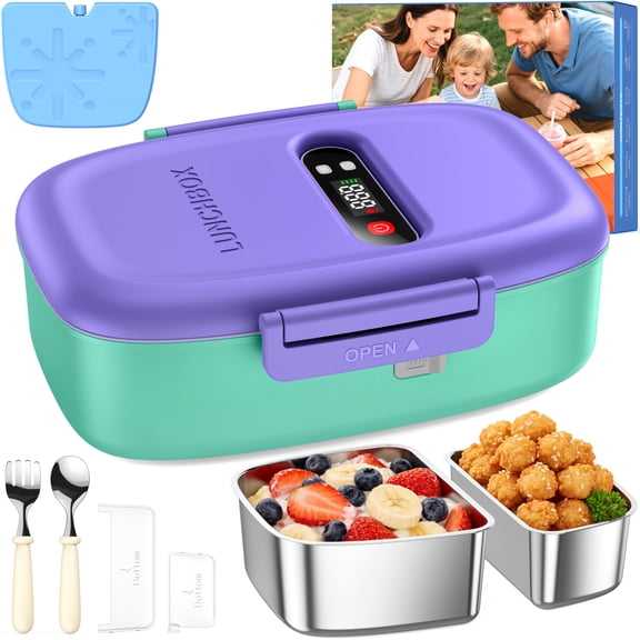 MPOW Cordless Electric Lunch Box, Heated Lunch Box for Kids, Battery Powered with Automatic Scheduled Heating - 2 Compartments & 2 Temperature Zones (Violet Purple)