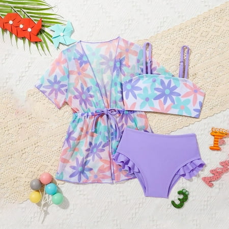 Delliss Girls  Sunscreen Swimsuit Set Short Sleeve Swim Cover Up Waist Jacket+Shorts Swimsuit Set Split Swimsuit with Drawstring Summer Beach Swimwear