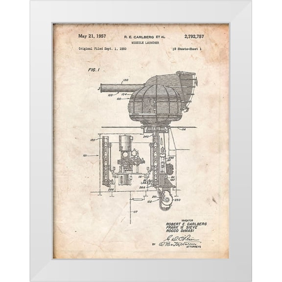 Borders, Cole 25x32 White Modern Wood Framed Museum Art Print Titled - PP597-Vintage Parchment Missile Launcher Cold War Patent Poster