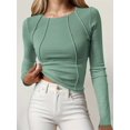 thumbnail image 3 of Long Sleeved Women's Slim Round Neck Shirt Exposed Seam Ribbed Basic Top, 3 of 6