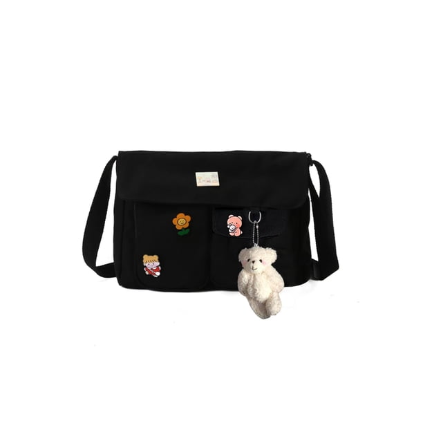 Bolso Cruzado para Mujer Insignias Lona Japonesa Mensajero (colgante Oso Negro)