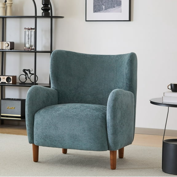 Bjorn Mid-Century Modern Wingback Club Chair with Velvet Upholstery and Solid Wood Legs, Aqua Blue