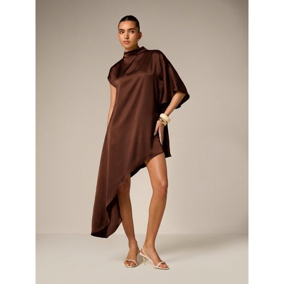 Brown Asymmetrical Drape Mini Dress With High Mock Neck And Short Sleeves Elegant Evening Guest Wear