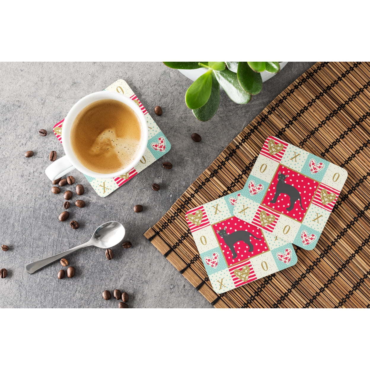 Black German Rex Cat Love Foam Coaster Set of 4 Red