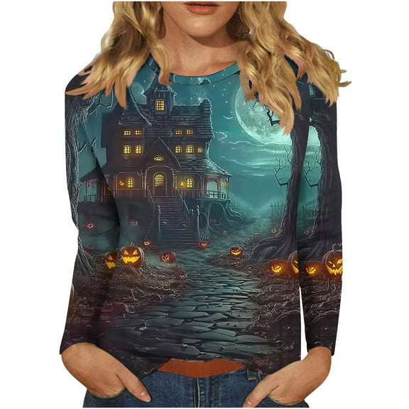 Halloween Shirts for Women Long Sleeve Round Neck Pumpkin Graphic Print Funny Tee Tshirts Loose Fit Plus Size (XL, Yellow 04)