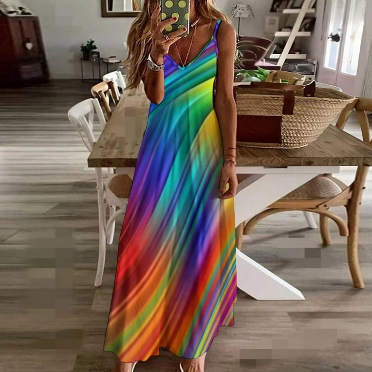 Abstract Rainbow Dress Wave Liquid Shape Party Maxi Dress