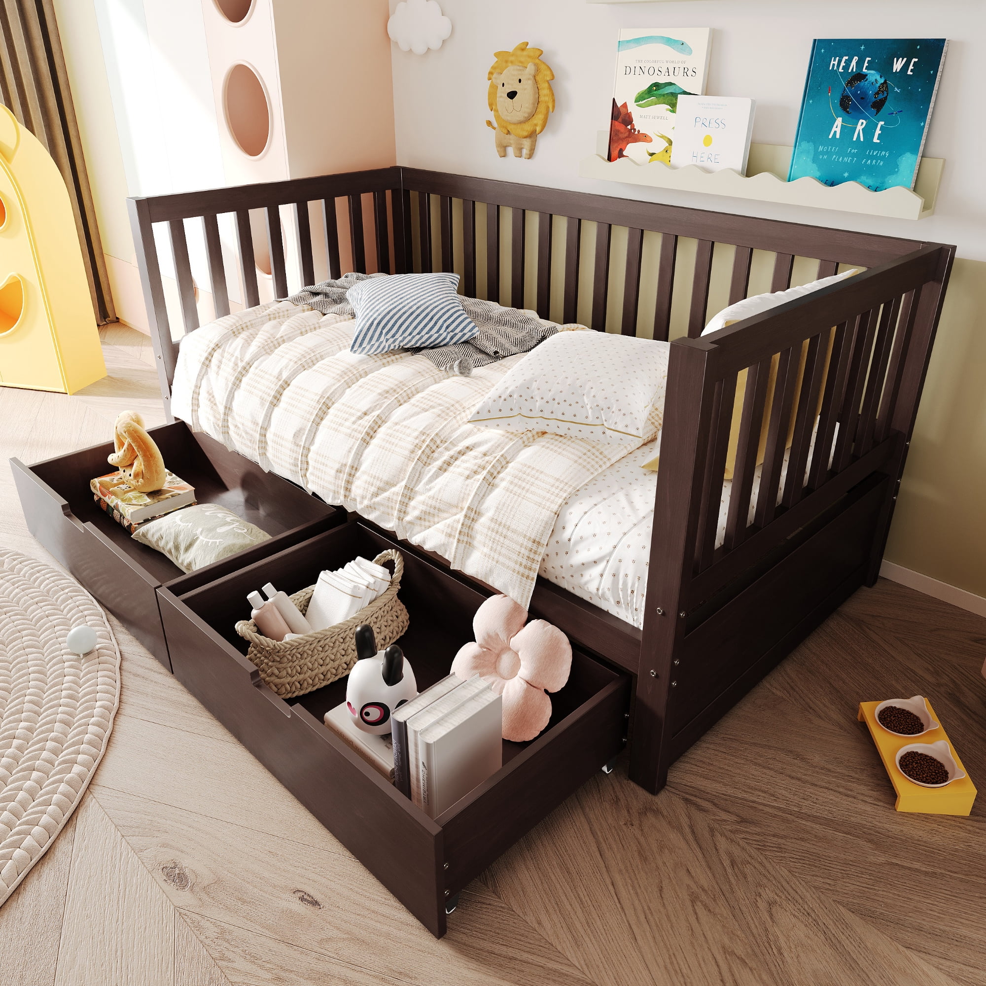 Euroco Wood 3-in-1 Toddler Daybed with Drawers, Crib Bed with Removable Guardrails, Espresso