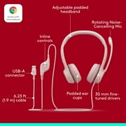 Logitech H390 Wired Headset for PC/Laptop, Stereo Headphones with Noise Cancelling Microphone, USB-A, In-Line Controls, Rose