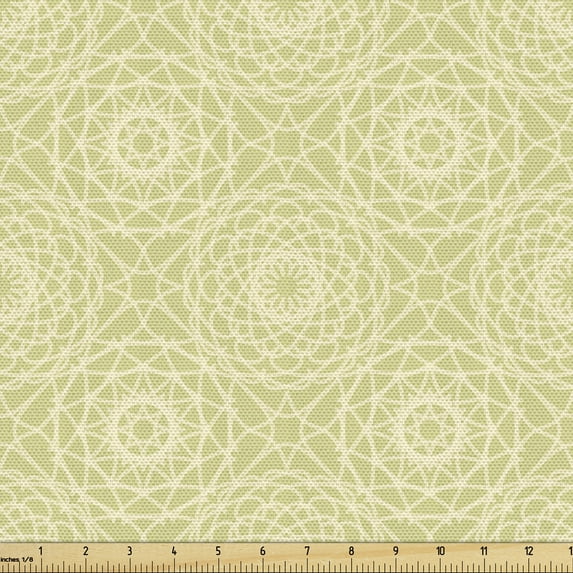 Abstract Fabric by the Yard, Vintage Style Circular Streaks Mandala Inspired Monochrome Motifs, Upholstery Fabric for Dining Chairs Home Decor Accents, Pale Yellow Green Cream by Ambesonne