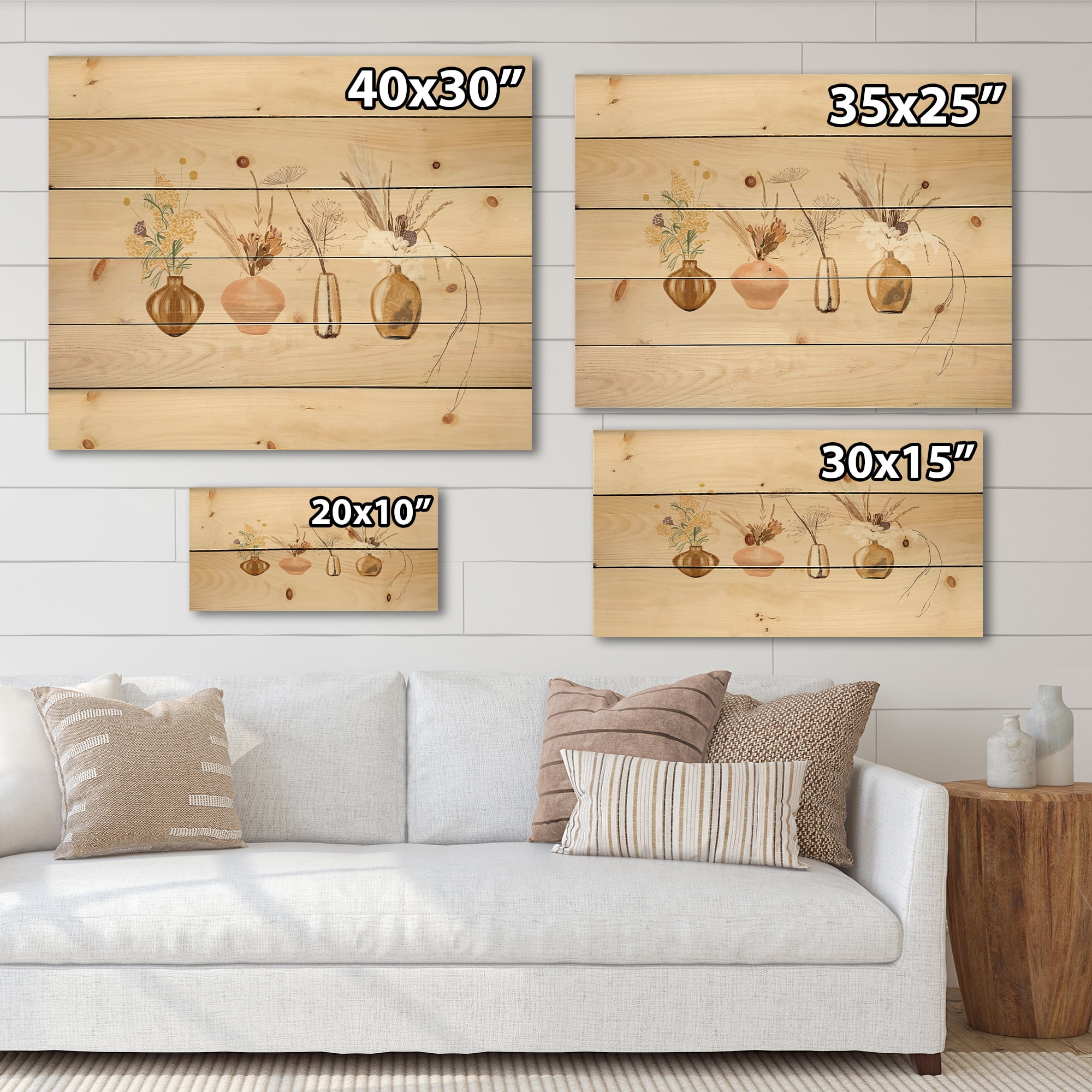 Designart 'Gold Vases With Bouquets Of Wildflowers II' Traditional Print on Natural Pine Wood