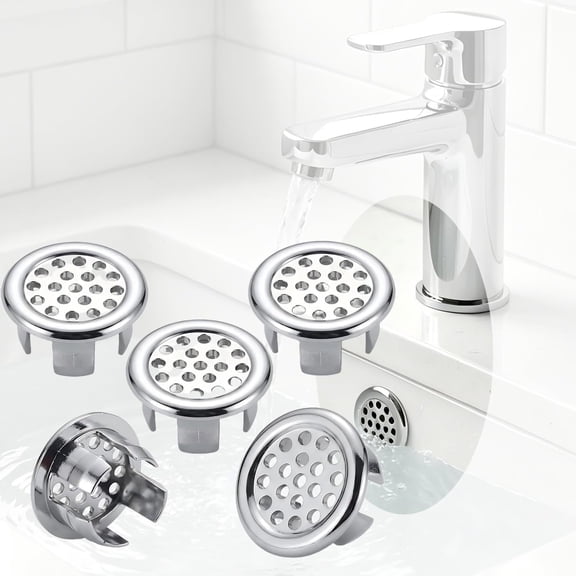 5 Pack Sink Overflow Ring, Chrome Plastic Mesh Basin Drain Cover, Fits 22-25mm Overflow Hole, Tool-Free Flex Buckle Install, Anti-Aging Rust Proof, for Ceramic Bathroom Kitchen Sink