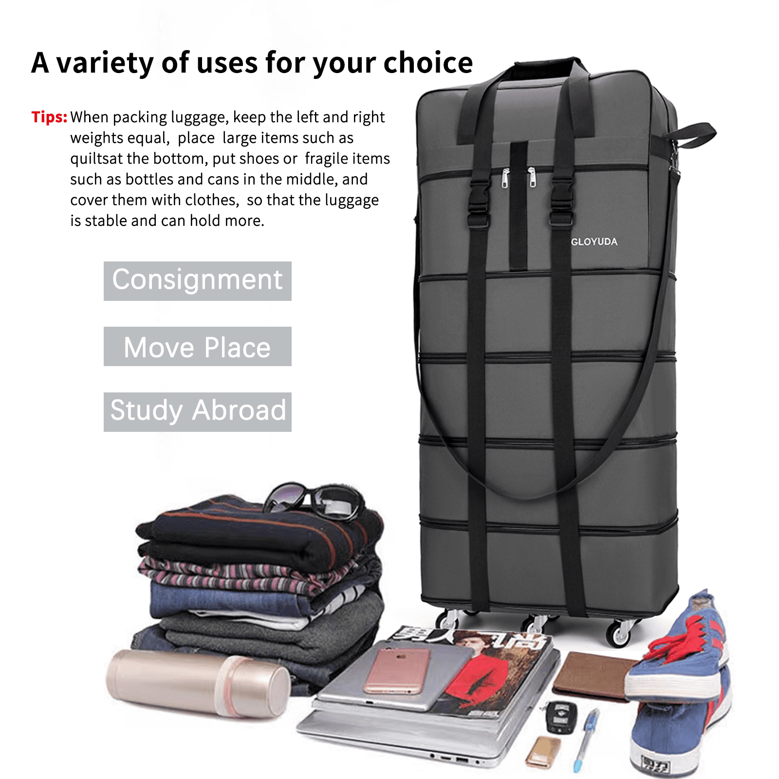 Gloyuda 42 inch Rolling Bag, Duffle Bag with Wheels, Rolling Tote Bags with Wheels, Collapsible Luggage, Travel Bag with Wheels and Handle, Roller Bag with 2 Fixing Straps and 1 Shoulder Strap