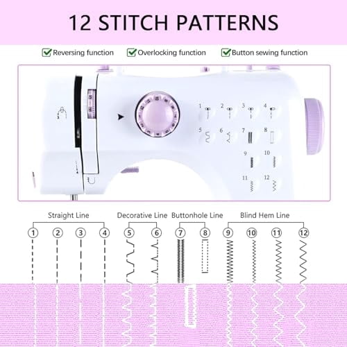 Beginner-Friendly Sewing Machine,12 Built-In Stitches,2 Speeds,Foot Pedal,Portable Design With Sewing Kit (Purple)