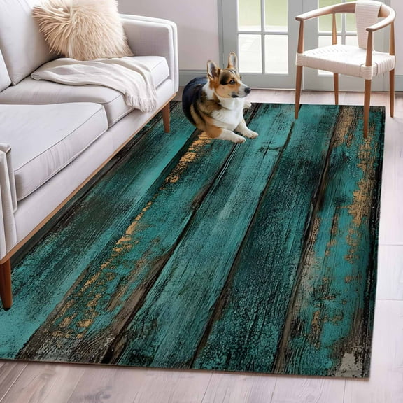 Teal Brown Vintage Wood Area Rug 3x5 Washable Rug Non Slip Abstract Retro Shabby Plank Large Area Rug Indoor Floor Carpet for Entryway Bedroom Kitchen Living Room Home Office Dining Room Nursery