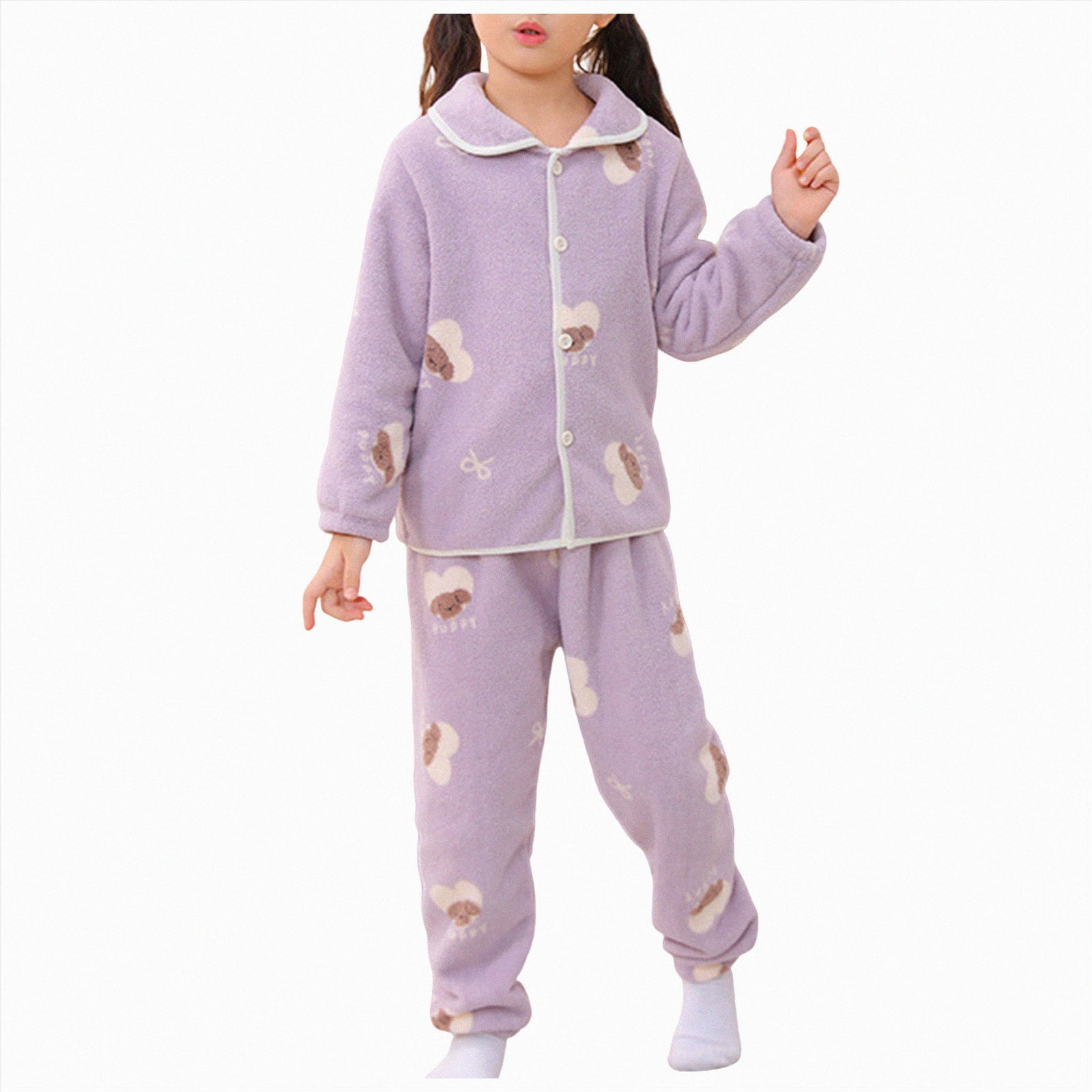 HFHAPW Kids Toddler Girl Two Piece Pajamas Sleepwear Pjs Set Long Sleeve Button Down Pajama Shirt Top Matching Pajama Pants Cute Print Sleepwear Outfits 9-10 Y