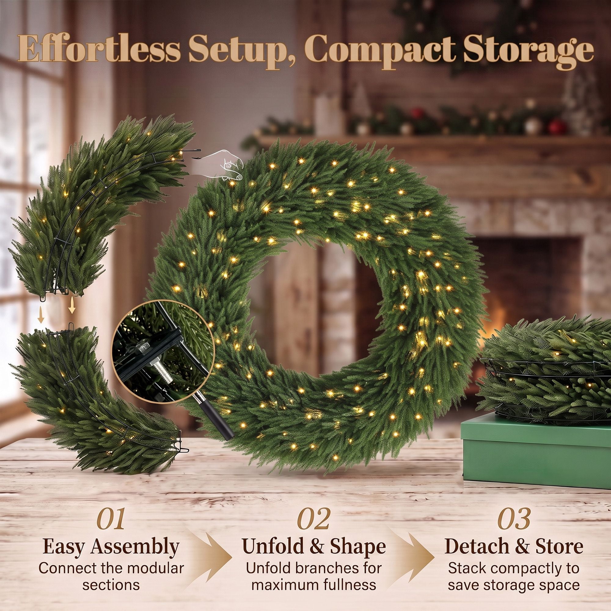 Pre-Lit Artificial Christmas Wreath, 48 in Norfolk Pine with 150 Warm White LED Lights, 770 Tips, Indoor and Covered Outdoor Holiday Door Decor