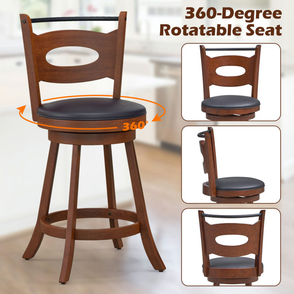 Demi Bonn 24" 2 Pieces Swivel Bar Stools with Curved Backrest and Seat Cushions, Modern Dining Chair, Brown
