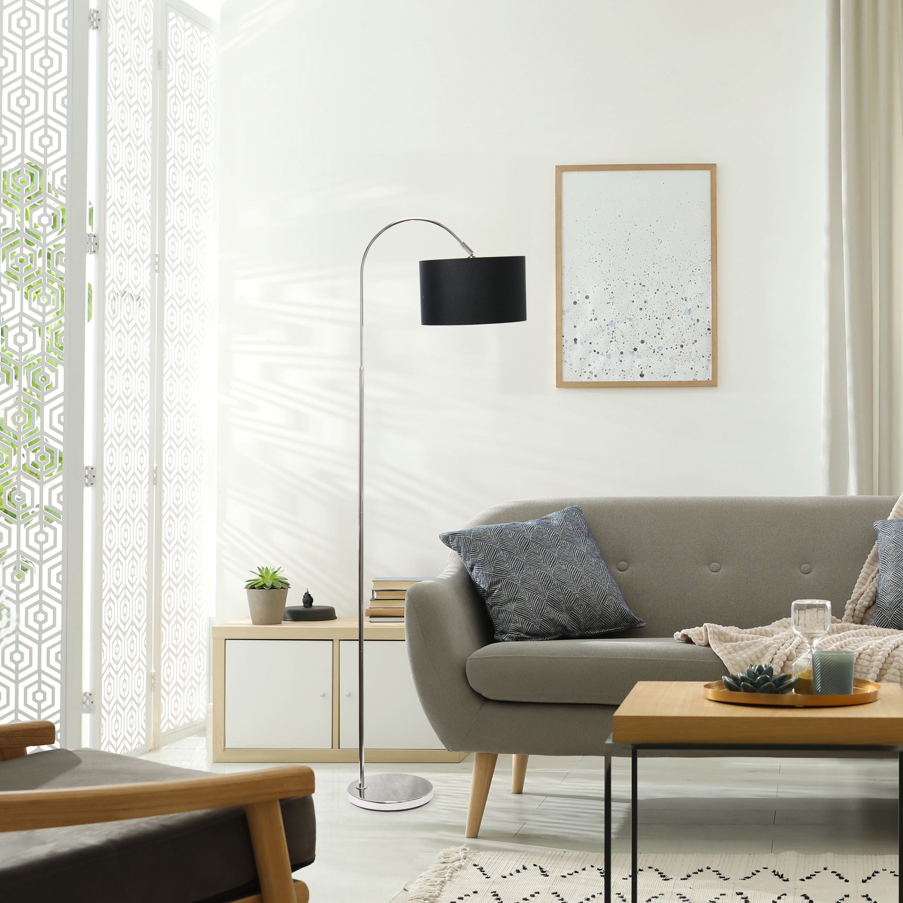 Creekwood Home 66" Modern Arched Brushed Nickel Floor Lamp with LED Bulb, Black Shade