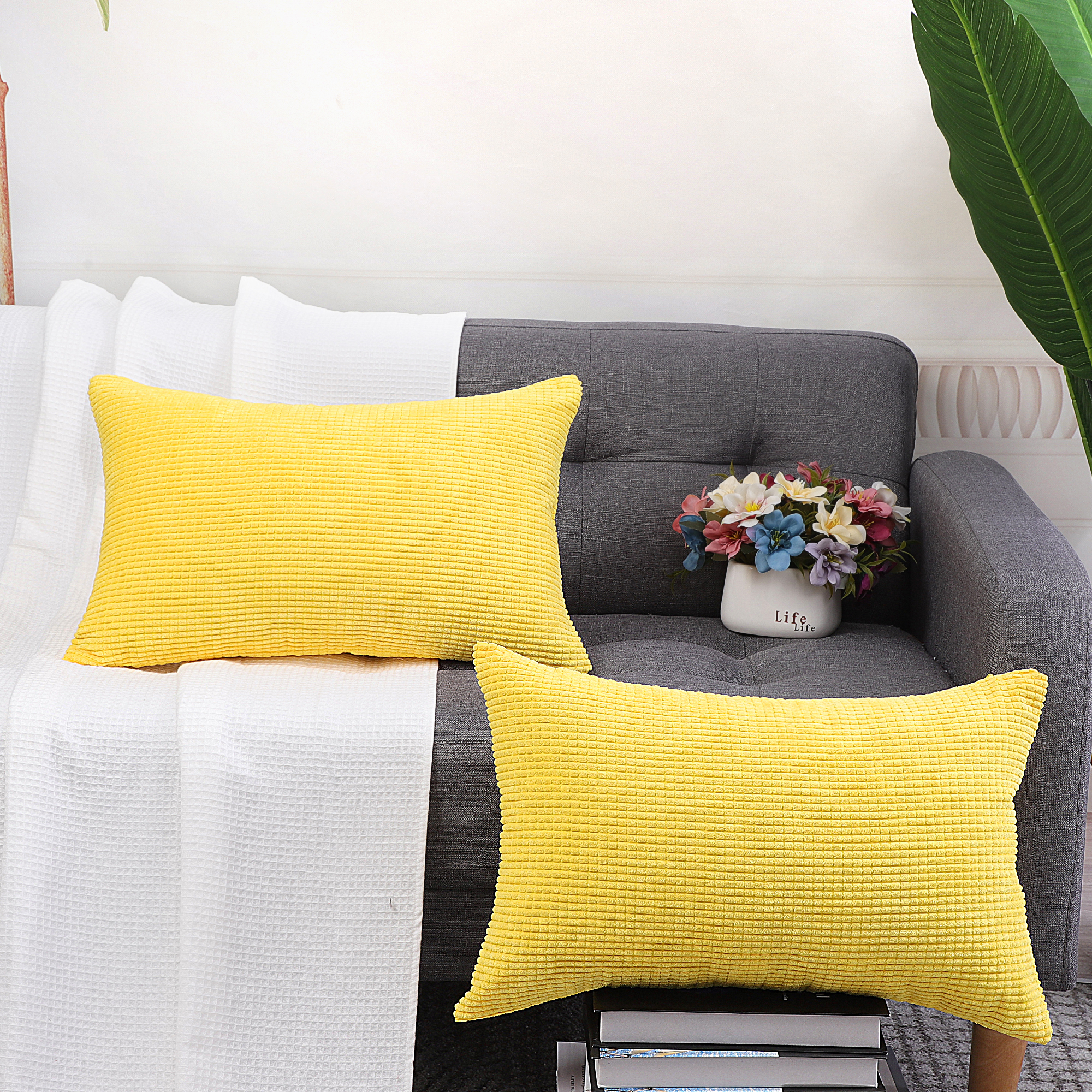 2-pcs Corduroy Decorative Throw Pillow Covers Dark Yellow 12"x18"