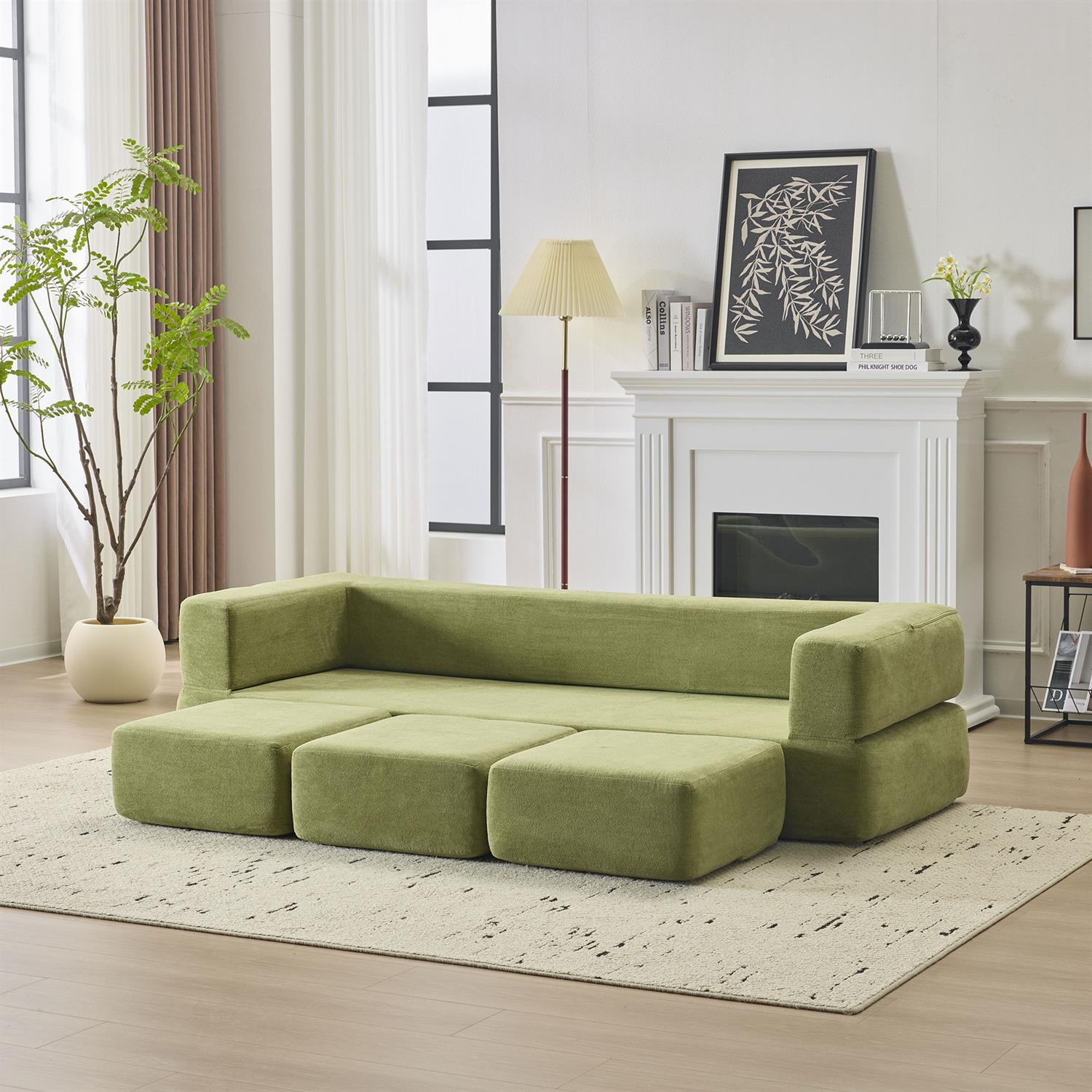 Demi Bonn Convertible Sectional Sofa with 3 Storage Ottomans, Space-Saving Chenille Couch, High-Resilience Foam for Studio Apartments & Home Offices, Green