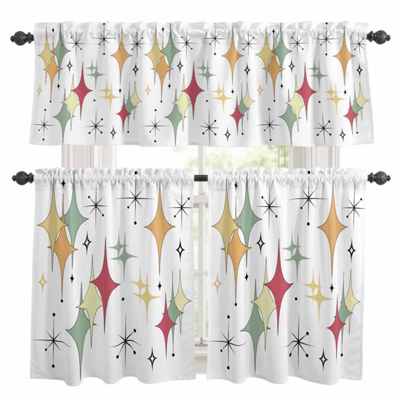 Multicolor Diamond Kitchen Curtains Sets for Windows 24 Inch Length, Modern Geometric Middle Century Rod Pocket Window Treatments Tier Curtains and Valances Set for Bedroom/Bathroom