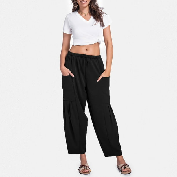 WILLBEST Pantalones de Playa Holgados de Verano para Mujer, de Color Liso, con Pierna Ancha, Cordón y Bolsillos: Pantalones Casuales y Relajados para Un Estilo Informal. Extra Grande