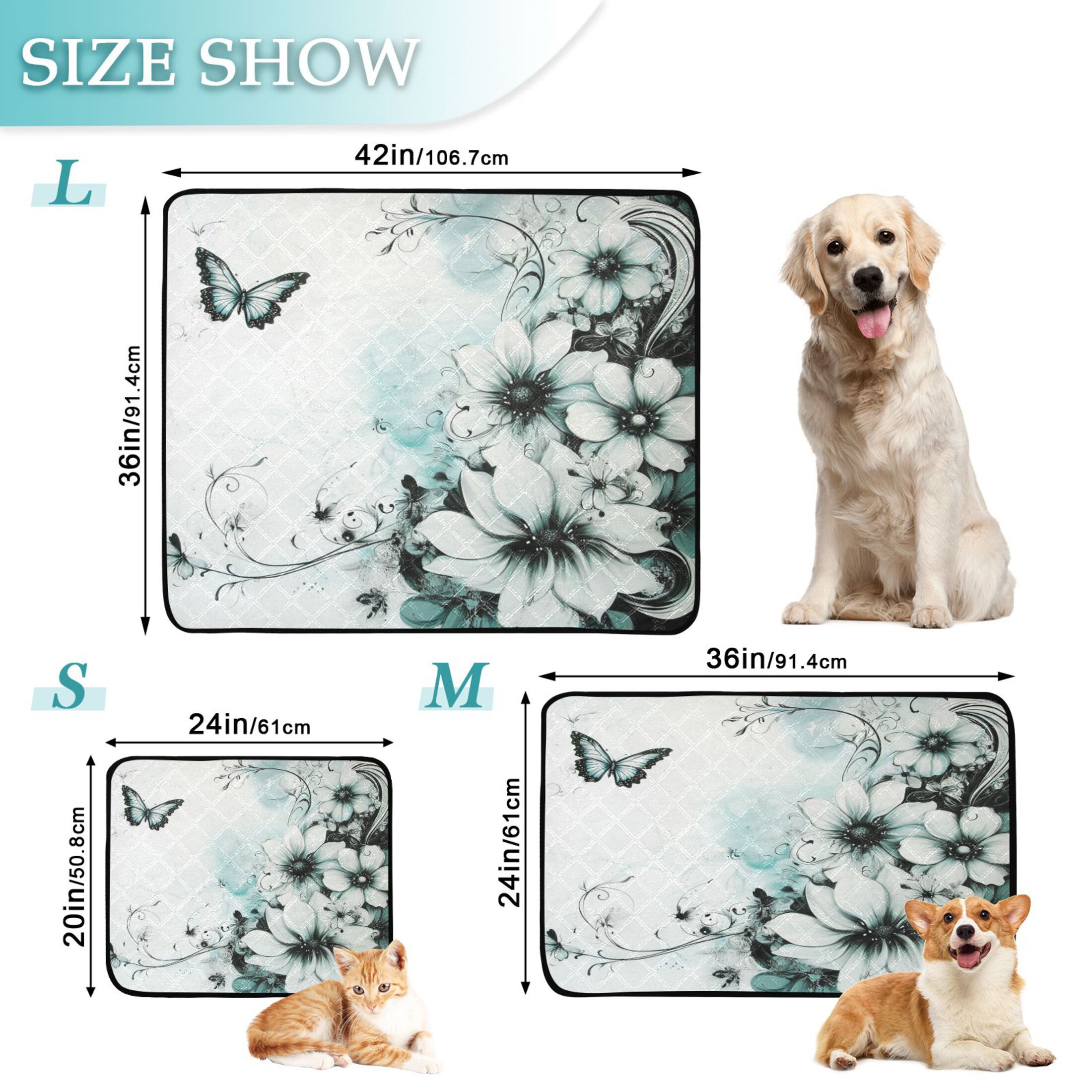 Qxltty Cyan Flowers Cat litter Pads Pet Set of 3 Diaper Mats Center Anti-leakage Layer Absorbent Soft and Comfortable